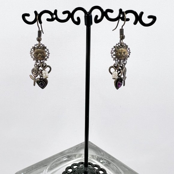 Brass Tone Cat Face & Charm Fishhook Earrings - Picture 2 of 5